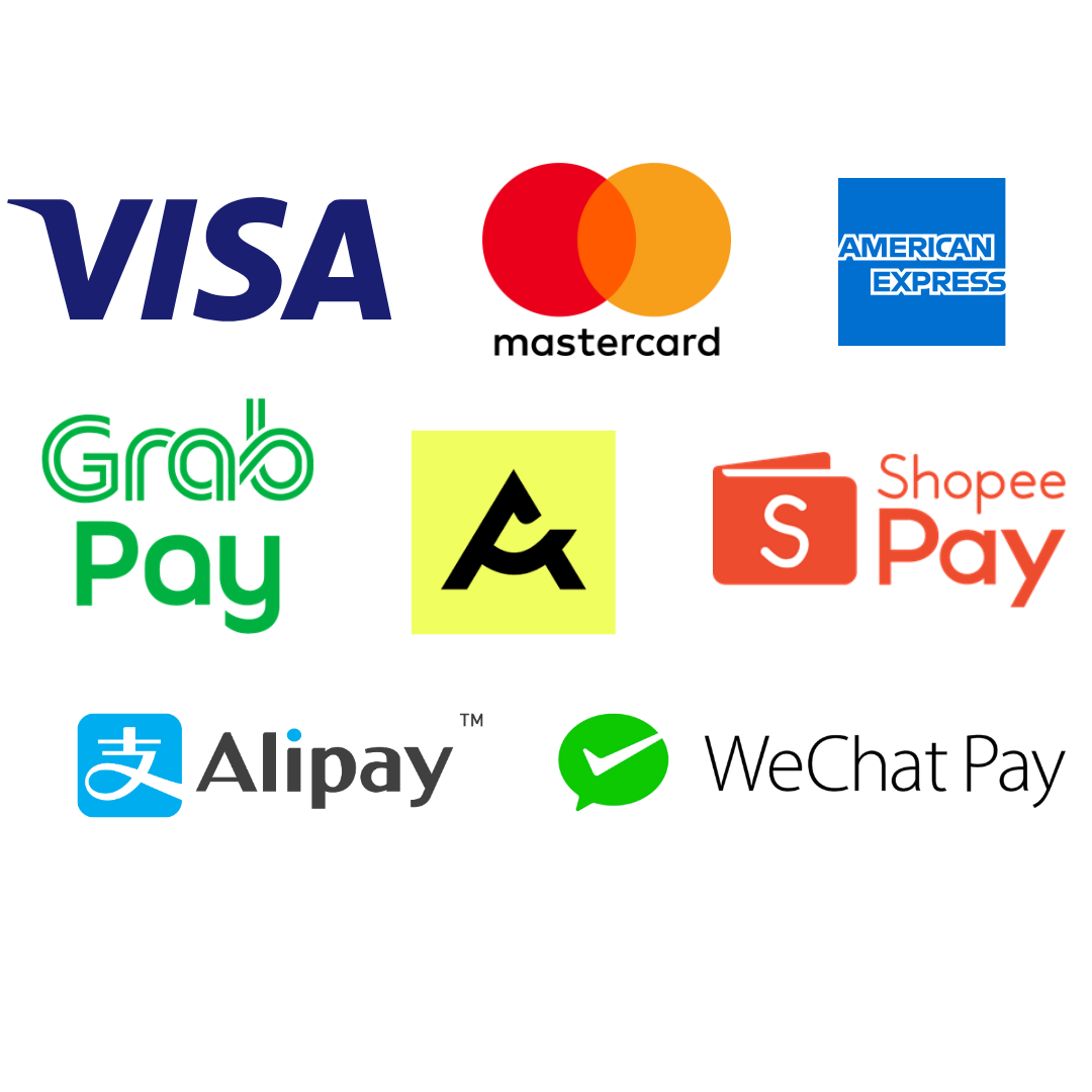 Accepted payment methods: Visa, Mastercard, American Express, GrabPay, Atome, ShopeePay, Alipay and WeChat Pay